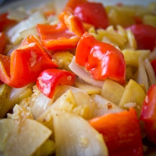 potato, onion, and red bell pepper stir fry